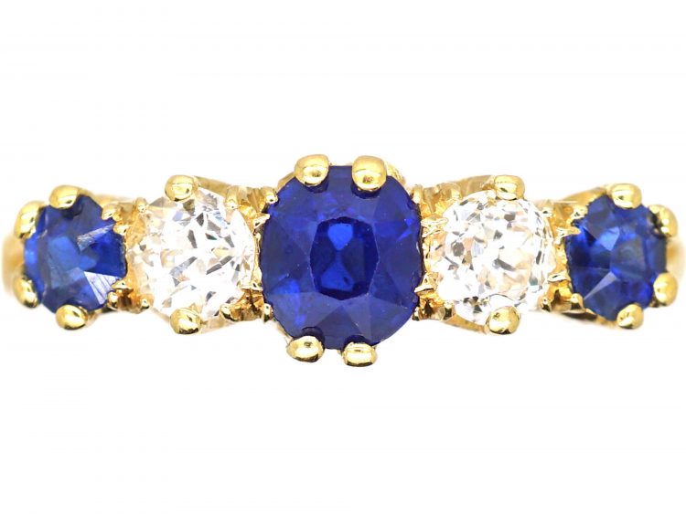 Edwardian 18ct Gold, Sapphire & Diamond Five Stone Carved Half Hoop Ring