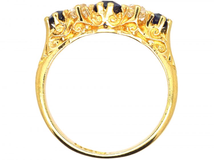 Edwardian 18ct Gold, Sapphire & Diamond Five Stone Carved Half Hoop Ring