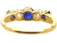 Edwardian 18ct Gold, Sapphire & Diamond Five Stone Carved Half Hoop Ring