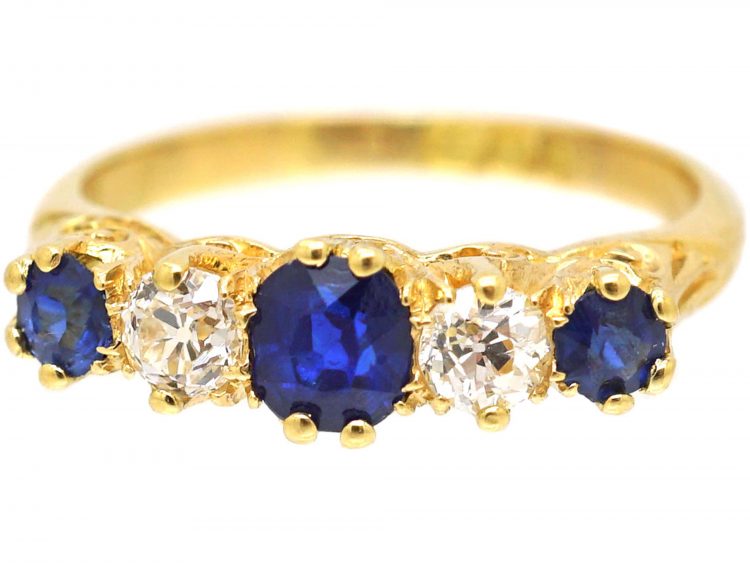 Edwardian 18ct Gold, Sapphire & Diamond Five Stone Carved Half Hoop Ring