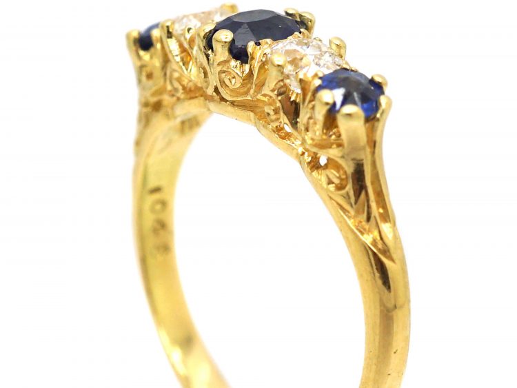 Edwardian 18ct Gold, Sapphire & Diamond Five Stone Carved Half Hoop Ring