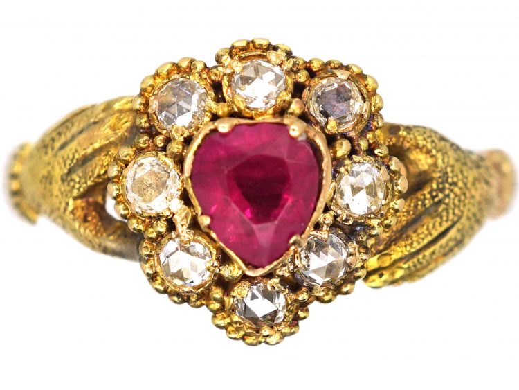 Early Victorian 15ct Gold, Heart Shaped Fede Ring set with a Ruby & Rose Diamonds