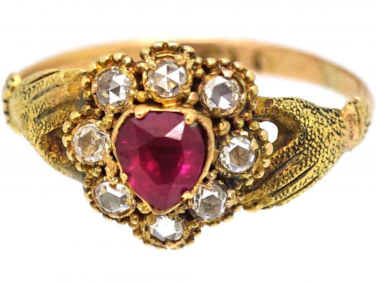 Early Victorian 15ct Gold, Heart Shaped Fede Ring set with a Ruby & Rose Diamonds