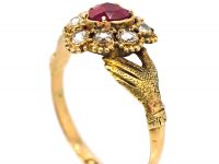 Early Victorian 15ct Gold, Heart Shaped Fede Ring set with a Ruby & Rose Diamonds