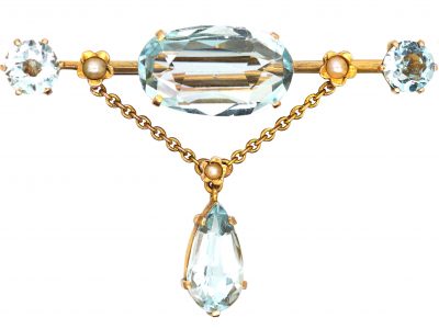 Edwardian 9ct Gold Brooch set with Aquamarines & Natural Split Pearls