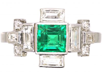 Art Deco Platinum Geometric Ring set with an Emerald & Diamonds