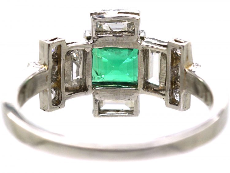 Art Deco Platinum Geometric Ring set with an Emerald & Diamonds