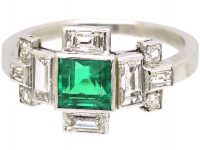 Art Deco Platinum Geometric Ring set with an Emerald & Diamonds