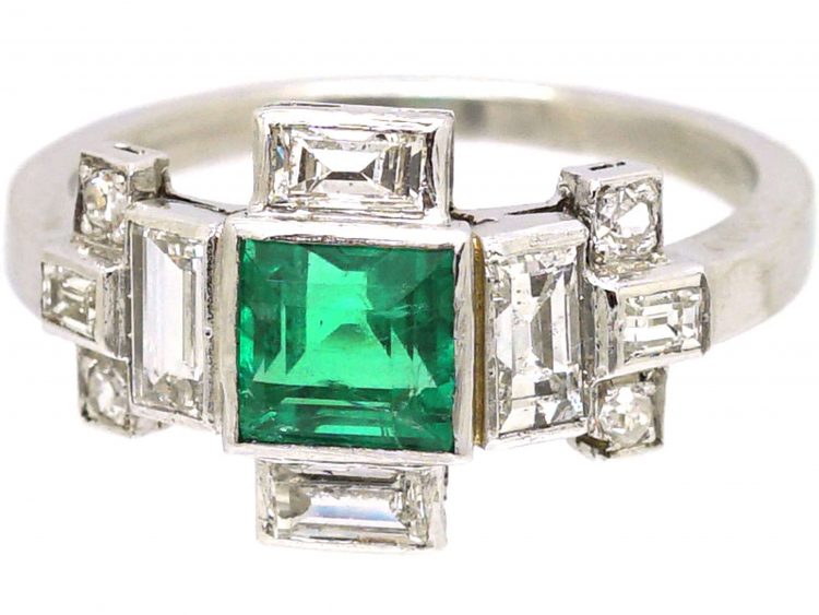 Art Deco Platinum Geometric Ring set with an Emerald & Diamonds