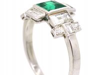 Art Deco Platinum Geometric Ring set with an Emerald & Diamonds