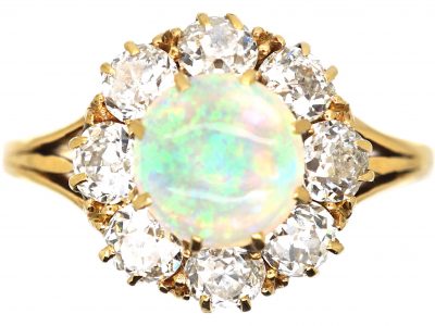 Edwardian 18ct Gold, Opal & Diamond Cluster Ring