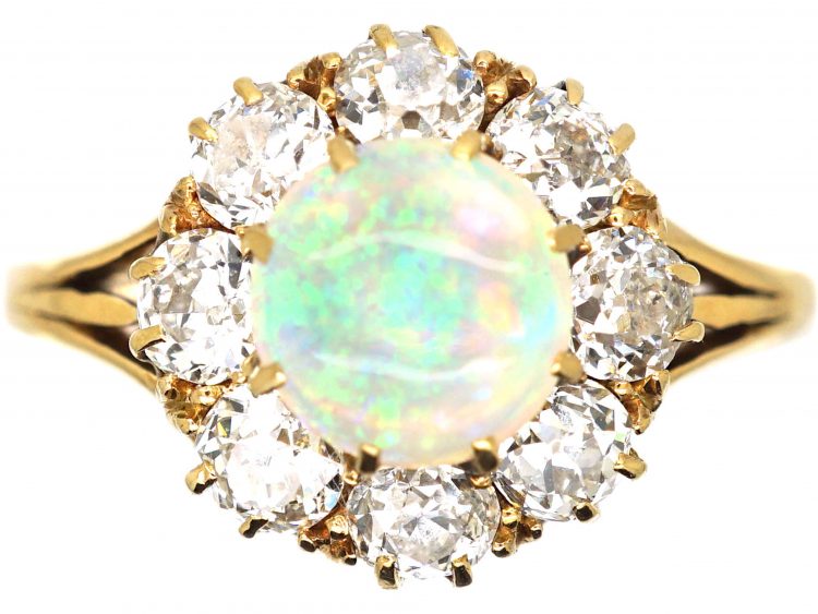 Edwardian 18ct Gold, Opal & Diamond Cluster Ring