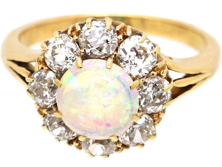 Edwardian 18ct Gold, Opal & Diamond Cluster Ring