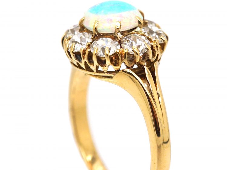 Edwardian 18ct Gold, Opal & Diamond Cluster Ring