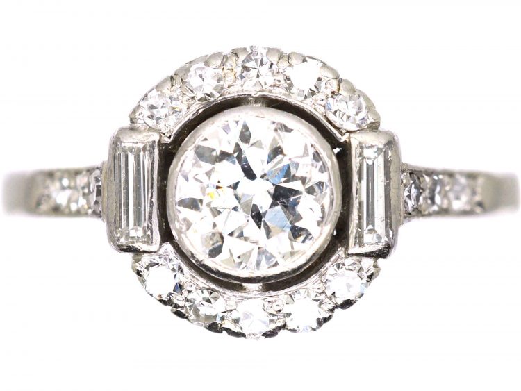 Art Deco Platinum, Diamond Cluster Ring with Baguette & Round Diamonds