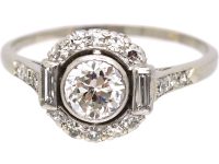 Art Deco Platinum, Diamond Cluster Ring with Baguette & Round Diamonds