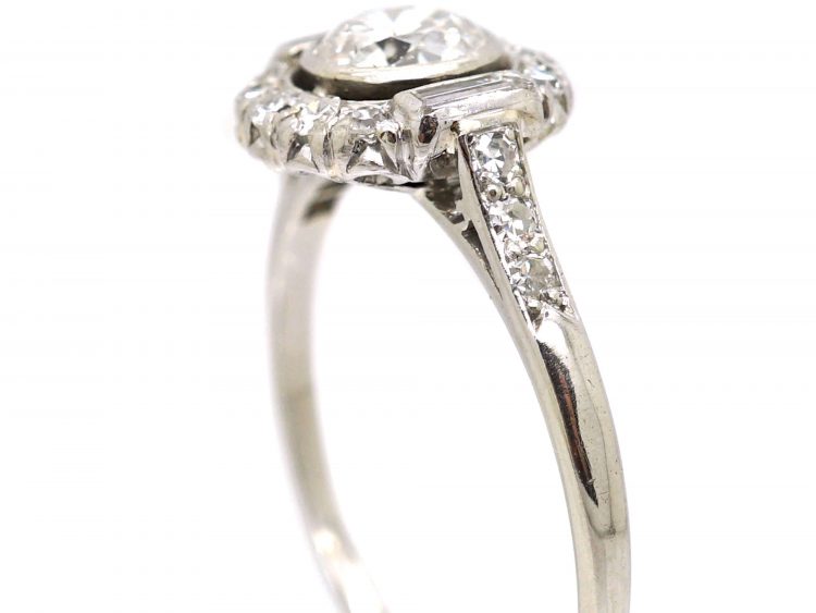 Art Deco Platinum, Diamond Cluster Ring with Baguette & Round Diamonds