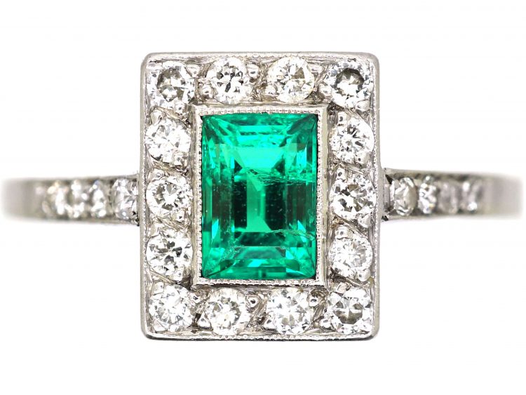 Art Deco Platinum, Emerald & Diamond Rectangular Ring with Diamond set Shoulders