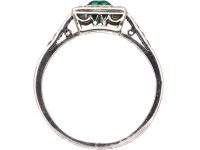 Art Deco Platinum, Emerald & Diamond Rectangular Ring with Diamond set Shoulders