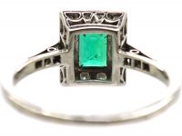 Art Deco Platinum, Emerald & Diamond Rectangular Ring with Diamond set Shoulders