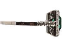 Art Deco Platinum, Emerald & Diamond Rectangular Ring with Diamond set Shoulders