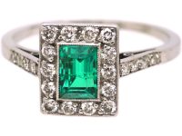 Art Deco Platinum, Emerald & Diamond Rectangular Ring with Diamond set Shoulders