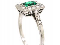 Art Deco Platinum, Emerald & Diamond Rectangular Ring with Diamond set Shoulders