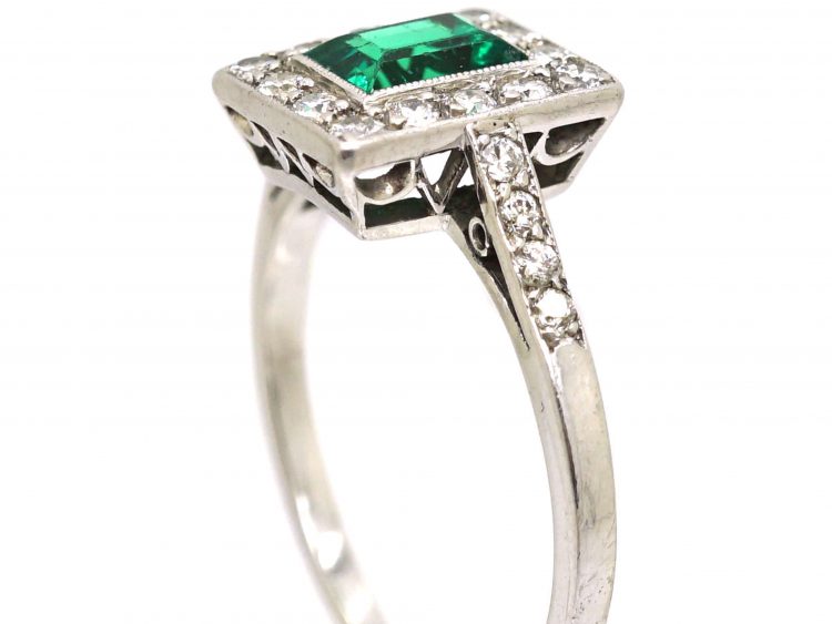 Art Deco Platinum, Emerald & Diamond Rectangular Ring with Diamond set Shoulders