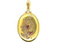 French 19th Century 18ct Gold Locket with Flower Motif set with Cabochon Rubies & Rose Diamonds