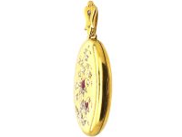 French 19th Century 18ct Gold Locket with Flower Motif set with Cabochon Rubies & Rose Diamonds