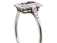 Art Deco 18ct White Gold & Platinum, Sapphire & Diamond Rectangular Ring with Diamond set Shoulders