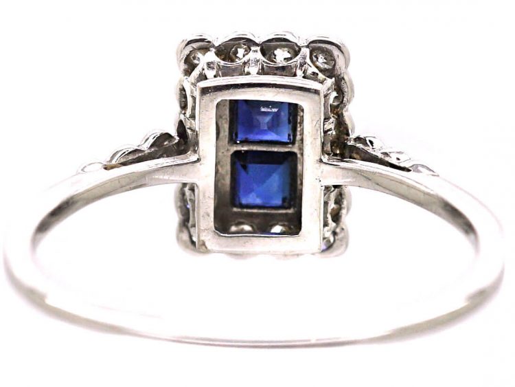 Art Deco 18ct White Gold & Platinum, Sapphire & Diamond Rectangular Ring with Diamond set Shoulders