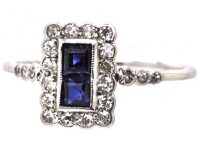 Art Deco 18ct White Gold & Platinum, Sapphire & Diamond Rectangular Ring with Diamond set Shoulders