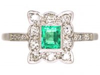 Art Deco Platinum, Diamond & Emerald Rectangular Ring with Diamond set Shoulders