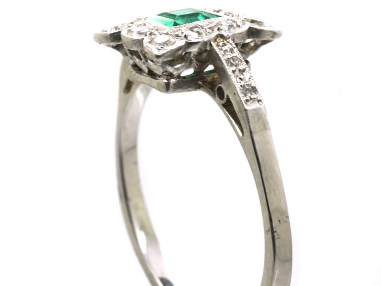 Art Deco Platinum, Diamond & Emerald Rectangular Ring with Diamond set Shoulders