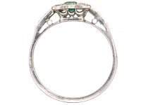 Art Deco Platinum, Diamond & Emerald Rectangular Ring with Diamond set Shoulders