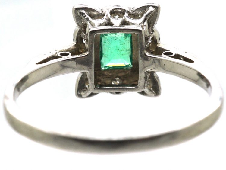 Art Deco Platinum, Diamond & Emerald Rectangular Ring with Diamond set Shoulders