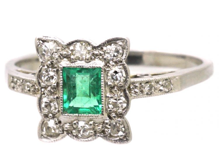 Art Deco Platinum, Diamond & Emerald Rectangular Ring with Diamond set Shoulders