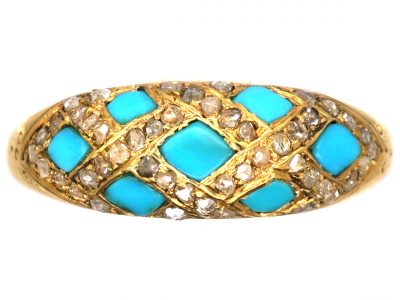 Victorian 18ct Gold Cross Cross Ring set with Turquoise & Diamonds