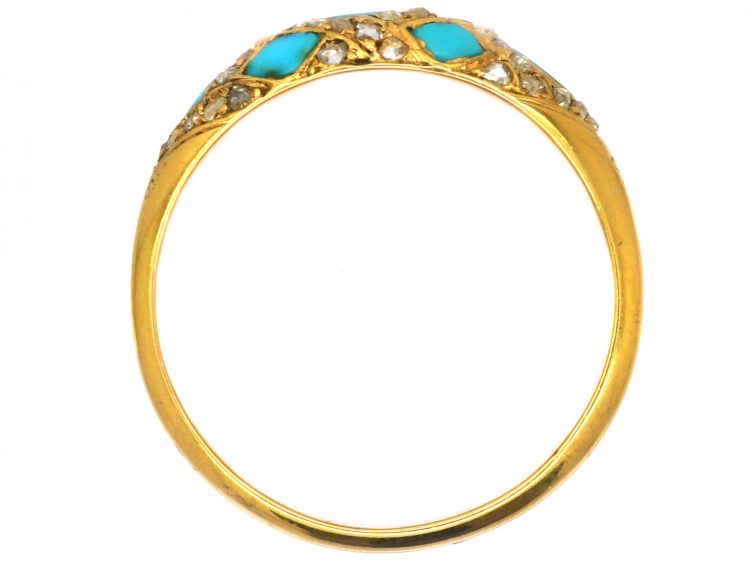 Victorian 18ct Gold Cross Cross Ring set with Turquoise & Diamonds