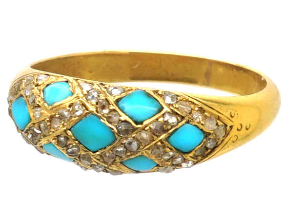 Victorian 18ct Gold Cross Cross Ring set with Turquoise & Diamonds