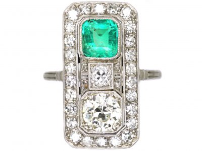 Art Deco Platinum Rectangular Ring set with an Emerald & Diamonds