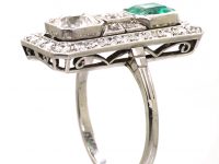 Art Deco Platinum Rectangular Ring set with an Emerald & Diamonds