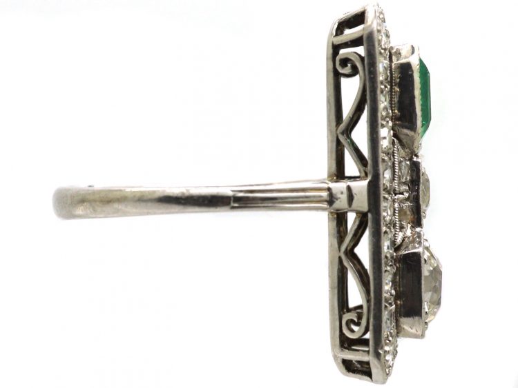 Art Deco Platinum Rectangular Ring set with an Emerald & Diamonds