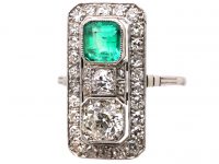 Art Deco Platinum Rectangular Ring set with an Emerald & Diamonds