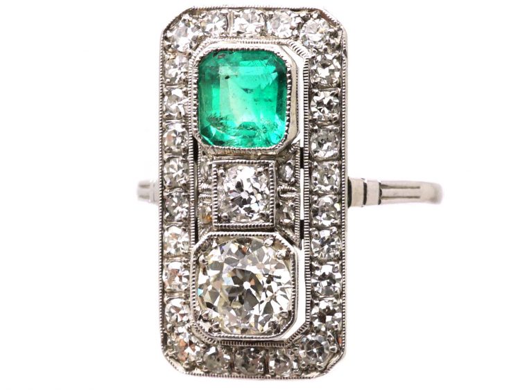 Art Deco Platinum Rectangular Ring set with an Emerald & Diamonds