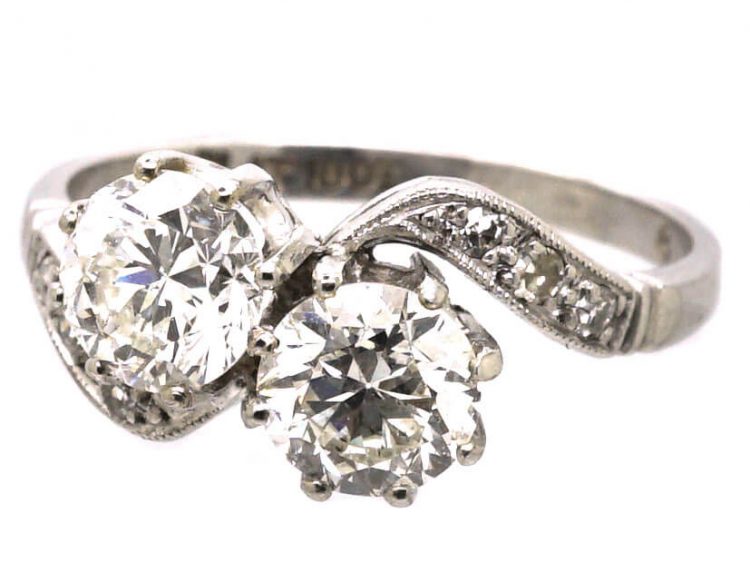 Edwardian 18ct White Gold & Platinum, Two Stone Diamond Crossover Ring