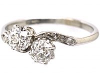 Edwardian 18ct White Gold Two Stone Crossover Ring with Rose Diamond Set Shoulders