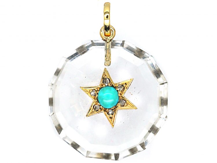 Victorian 15ct Gold & Rock Crystal Pendant with Star set with Rose Diamonds & Turquoise