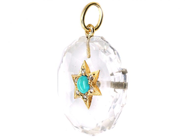 Victorian 15ct Gold & Rock Crystal Pendant with Star set with Rose Diamonds & Turquoise